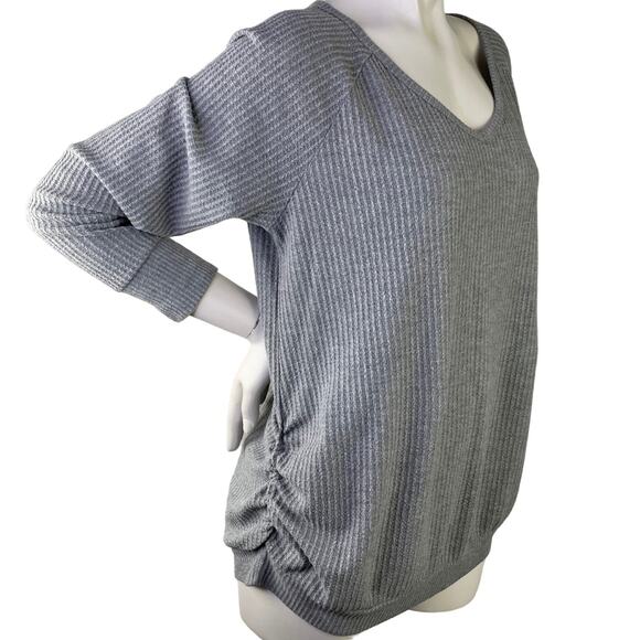 Two Beautiful Maternity Women V Neck LS Gray Waffle Knit Side Gathering Top S XL - Picture 2 of 9